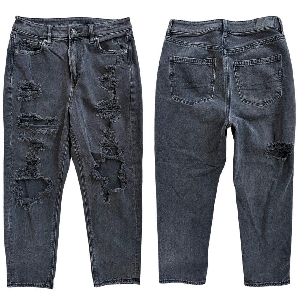 American Eagle Black-ish Gray Ripped High Rise “Mom Jean” Size 4 Extra Short